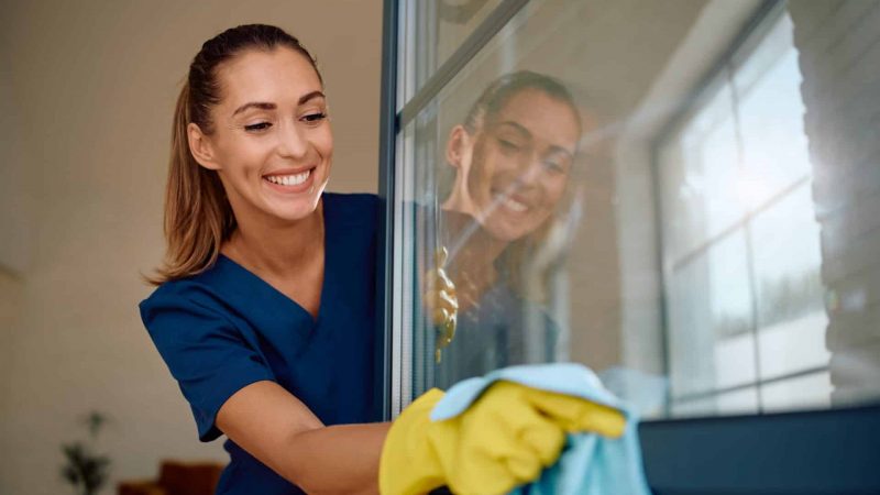 Young,Happy,Woman,Wiping,Windows,At,Home.,Copy,Space.
